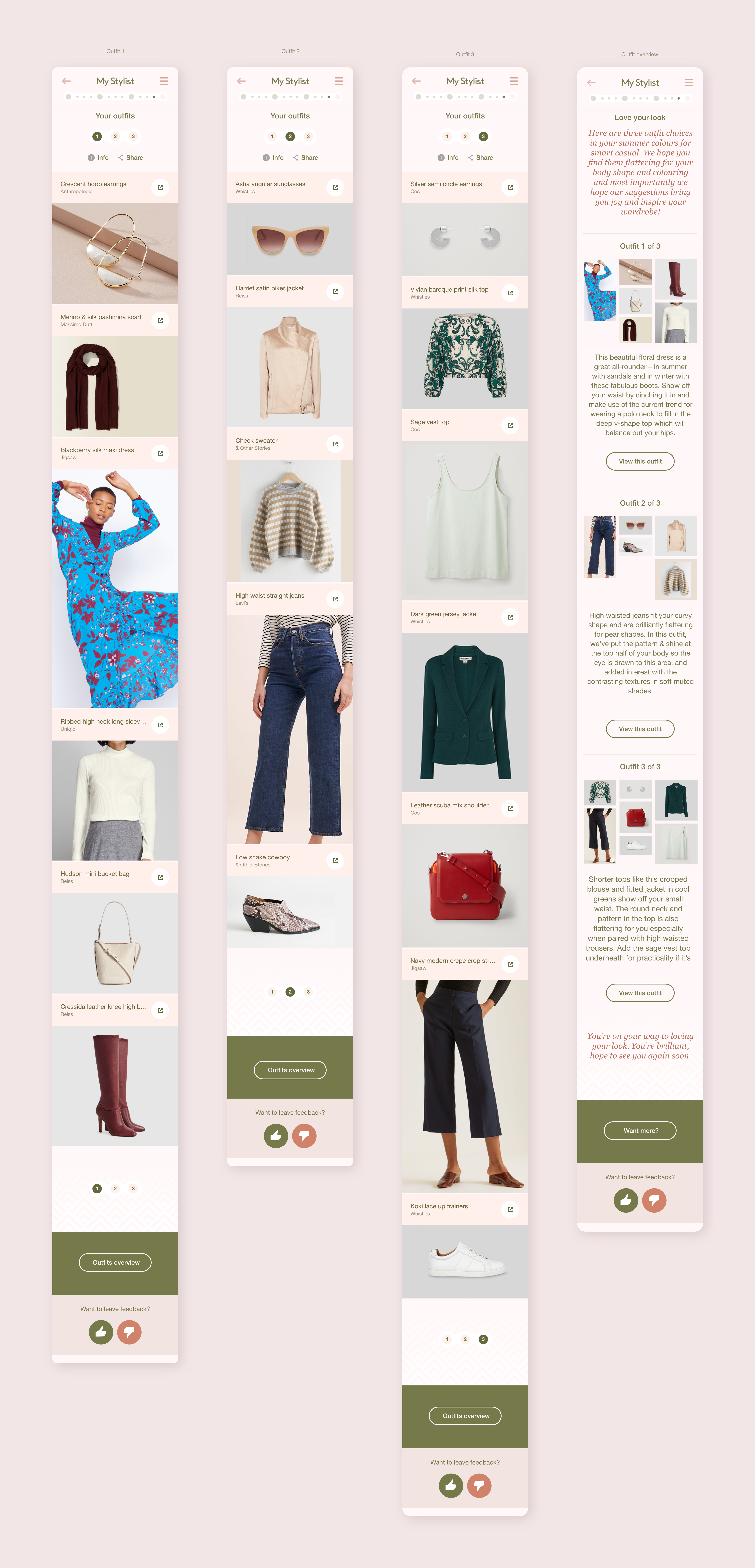 Outfit styles and outfit overview mobile UI design pages
